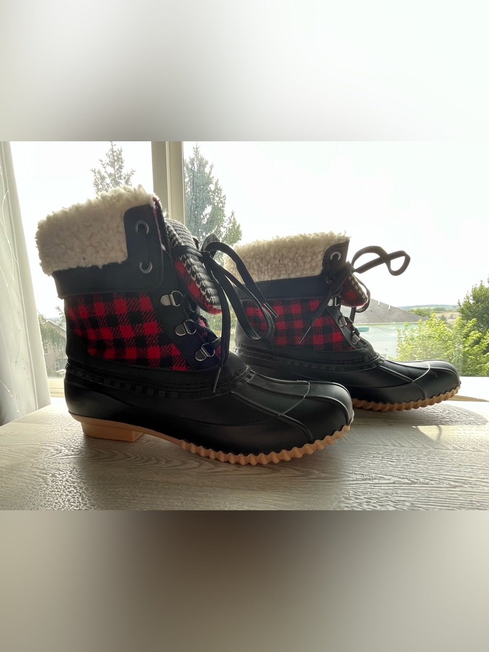 Maurices Black & Red Plaid Sherpa-Trim Winter Duck Boots